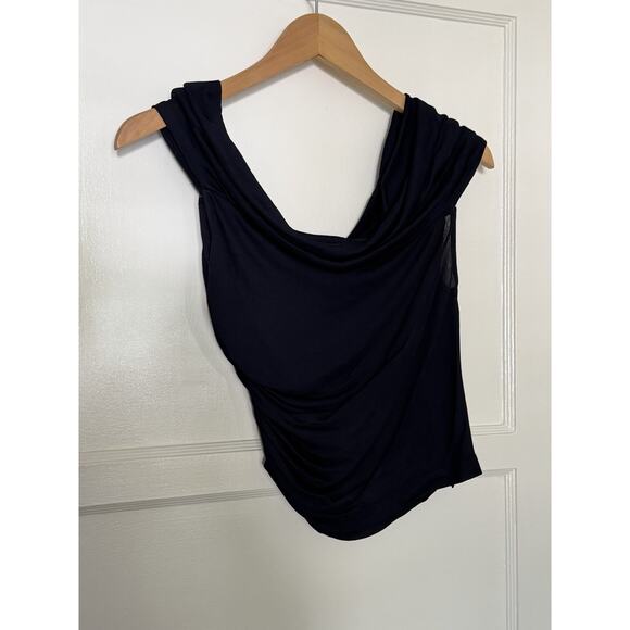 COMPLICE Vintage 90s Asymmetrical Ruched Shoulder Black Blouse Italy Sz Fr 38 - Picture 2 of 6